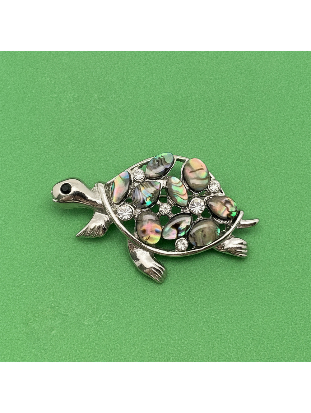 Abalone Shell & Rhinestone Turtle Silver Tone Brooch